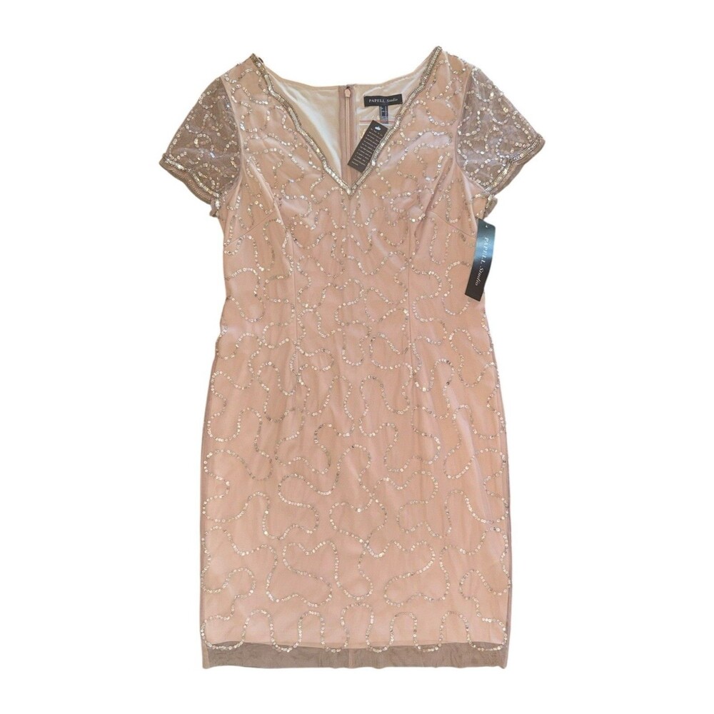 NWT Papell Studio Rose Gold Beaded Sequin Scallop Sheath Dress Size 12 NEW $129 - Picture 4 of 16